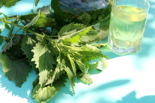 A decoction of nettle leaves in a teapot stands on a wooden table.	