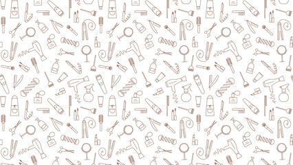 Seamless pattern of brown hairdressing tools on white background