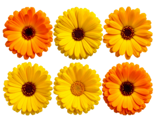 Five perfect, vibrant blooming flowers (yellow, orange hues) meticulously arranged ho