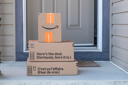 17 January 2026 - Calgary Alberta Canada - Amazon delivery boxes