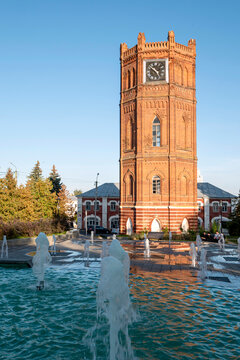 Yelets, Lipetsk Oblast, Russia, September 21, 2025: The Yelets chimes in the water tower next to the fountains of Bunin Square