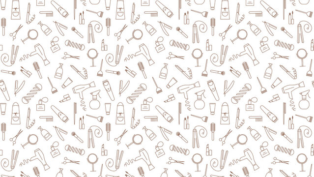 Seamless pattern of brown hairdressing tools on white background