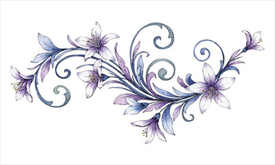 Elegant Watercolor Floral Swirl Ornament in Purple and Blue