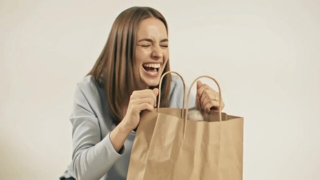 Girl hands a paper bag to a cat. The cat jumps inside suddenly, making her flinch and laugh. video