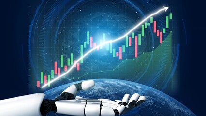 A futuristic robot hand extends towards a rising financial graph over a globe, highlighting technological advancements and growth potential in modern business finance. Copula