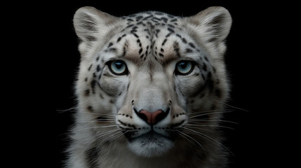 Fototapeta premium Close-up portrait of a majestic snow leopard with striking blue eyes against a black background
