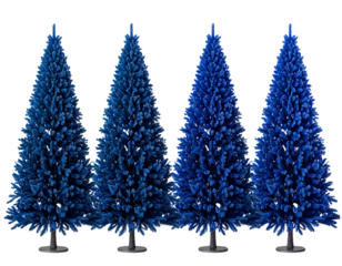Four stylized sapphire blue christmas trees in sequential scale, symmetrical and dens 