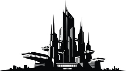 Dramatic futuristic cityscape with tall spires and sharp angles a striking silhouette © PAKE