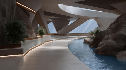 A science fiction inspired visualization depicts a data stream gently flowing through a sleek pipeline, illuminated by soft ambient light and abstract geometry. cinematic color correction, natural