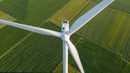 Wind Turbine Powering Green Fields: Aerial perspective of a majestic wind turbine gracefully harnessing the wind's power against the backdrop of vibrant green agricultural fields.