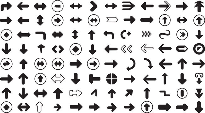 Mega collection of black arrow icons and directional symbols, various vector pointers, circle buttons, outline arrows, and web navigation elements for modern UIUX and infographic design.