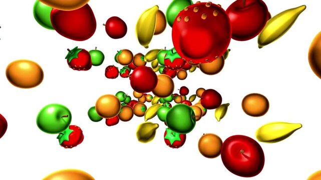 Fresh colorful fruits flying in mid air isolated on white background. Dynamic splash style composition showing natural freshness, healthy food, and vibrant organic produce.