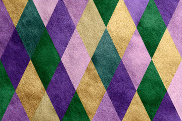 Fototapeta premium Colorful diamond patterned background with festive green, purple, and gold. Harlequin texture for Mardi Gras themed design element and celebration.