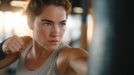 In a gym setting, a woman striking a punching bag illustrates the power of cardio workouts, emphasizing endurance and the importance of punching techniques for skill development in martial arts.