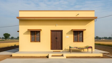 Modern minimalistic yellow house with brown door and windows in a serene rural setting with fields and trees under a blue sky with white clouds