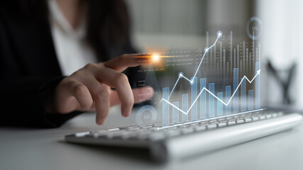 Business professional engaged with advanced financial analytics, analyzing data trends and making informed decisions for efficient growth and strategic planning. Scalp