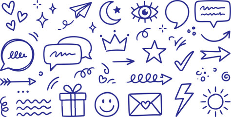 Collection of purple hand drawn icons and symbols for social media and communication on white background