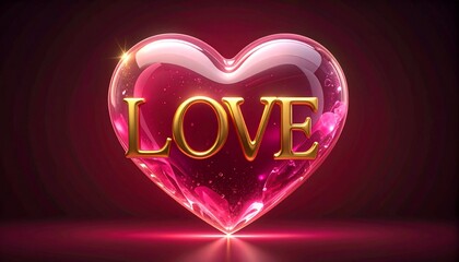 Golden LOVE text inside glass pink heart background　透明なピンクのハートと金色のLOVEロゴ背景　デジタルイラスト