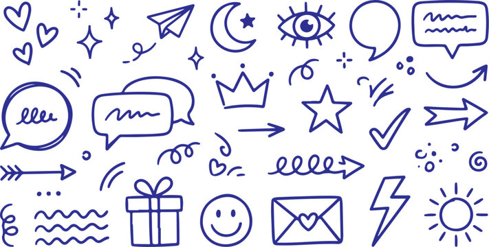Collection of purple hand drawn icons and symbols for social media and communication on white background