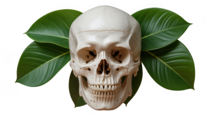 Human skull with green leaves anatomy isolated on a transparent background