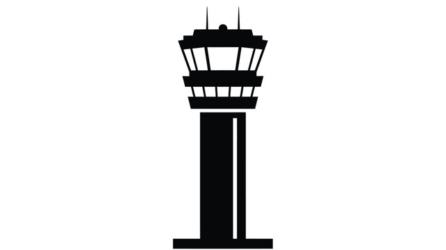 Simple black and white illustration of an airport control tower silhouette
