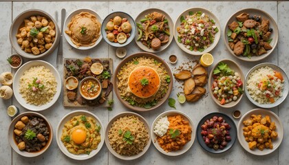 Top view of a long iftar table featuring diverse traditional foods from different cultures during Ramadan.