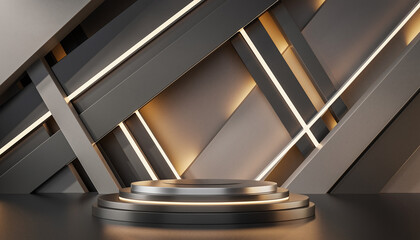 Modern podium with geometric background and warm light　幾何学模様と温かな光のモダンな展示台