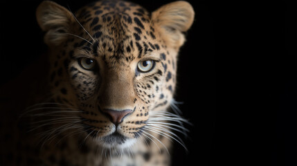 Naklejka premium Close-up portrait of a leopard's face with striking green eyes and spotted fur against a dark background