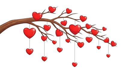 A branch decorated with hanging hearts illustration