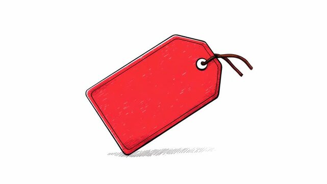 Red price tag with string shown in hand-drawn sketch style on white background, representing discount, price, or sale promotion concept