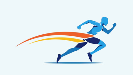Obraz premium Dynamic stylized runner in blue with abstract orange and red speed lines, depicting swift motion in a bright studio.