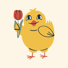 Cute cartoon yellow chick character holding a red tulip flower. Hand drawn illustration for spring greeting card, Easter holiday celebration, and children's book design.