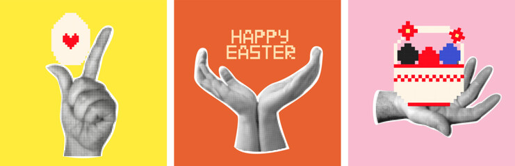 Set of modern Easter greeting cards. Vintage halftone hands and  nostalgic 8-bit pixel art elements, decorative egg and basket.