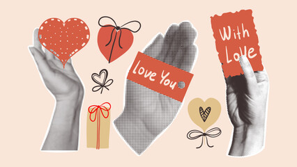 Retro vintage collage style Valentine&rsquo;s day vector  illustration. Halftone hands holding heart and romantic love notes. Trendy stickers for card, poster, banner.