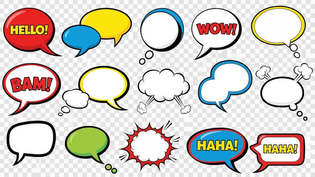 Set of diverse colorful retro comic style speech bubbles and thought balloons with text like "HELLO!", "WOW!", "BAM!", and "HAHA!" on a transparent background.