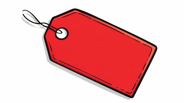 Red price tag with stitched edges and string, cartoon style illustration on white background, concept of sale or discount label