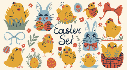 Hand-drawn Happy Easter set. Cartoon  cute yellow chicks and whimsical blue bunnies, patterned eggs and spring florals in a playful doodle style for children's