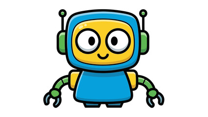 Fototapeta premium Cute blue cartoon robot head character smiling with antennas, friendly AI, isolated white background.