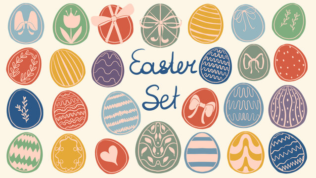 Set of hand-drawn decorative easter eggs with diverse patterns including hearts and flowers, bows and stripes in a colorful doodle style. Festive greeting design. 
