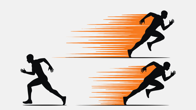 Two male runner silhouettes sprinting with dynamic orange speed lines, bright studio background.