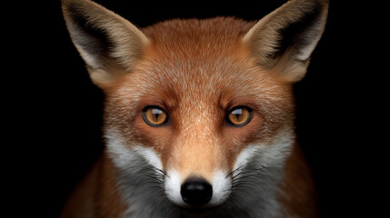 Fototapeta premium Close-up portrait of a red fox with striking amber eyes against a dark background