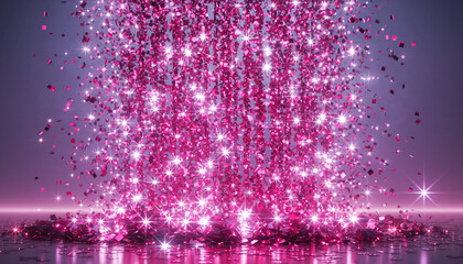 Sparkling pink glitter shower on purple background　紫の背景に降り注ぐピンクのラメと紙吹雪