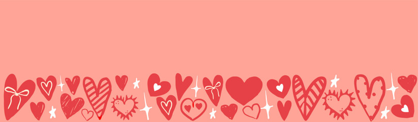 Romantic doodle heart banner border illustration in trendy peach and red palette. Valentine&rsquo;s day background with love elements.