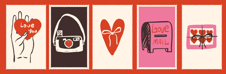 Set of hand-drawn Valentine's Day postage stamp illustrations with hearts, a camera, and a mailbox. Romantic holiday doodles for cards and festive decoration.