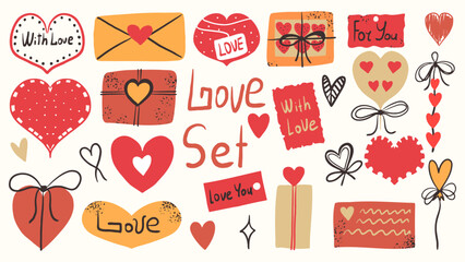 Romantic holiday doodle vector collection. Whimsical heart, envelope and gift. Hand-drawn lettering and paper tag. Elements for invitation, card and Valentine's Day.