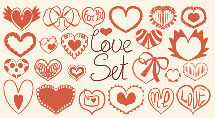 Coquette heart doodle set. Hand-drawn romance Valentine's Day elements. Scribble icons for holiday cards, posters, banners, and invitations.