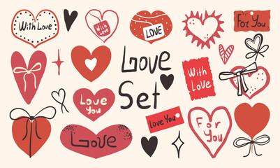 Love set romantic collection. Hand-drawn hearts and ribbons, decorative tags and expressive handwritten typography. Creative elements for Valentines day.