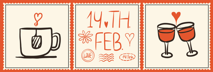 Valentine's Day trendy retro stamps set. Hand drawn mug, glasses and handwritten festive text. Doodle date and postal mark. Elements for banner, poster and social media.