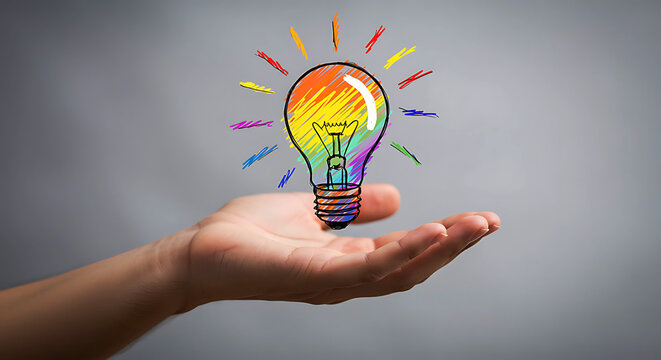Hand holding a colorful lightbulb with rays idea - Powered by Adobe