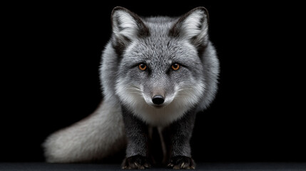 Fototapeta premium Close-up portrait of a silver fox with striking orange eyes against a dark background